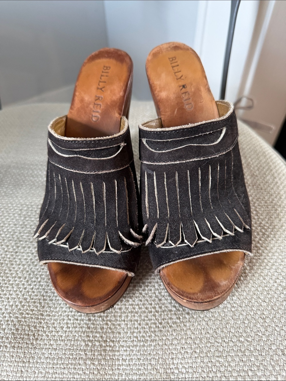 Billy Reid Black Suede Fringe Peep-Toe Mules